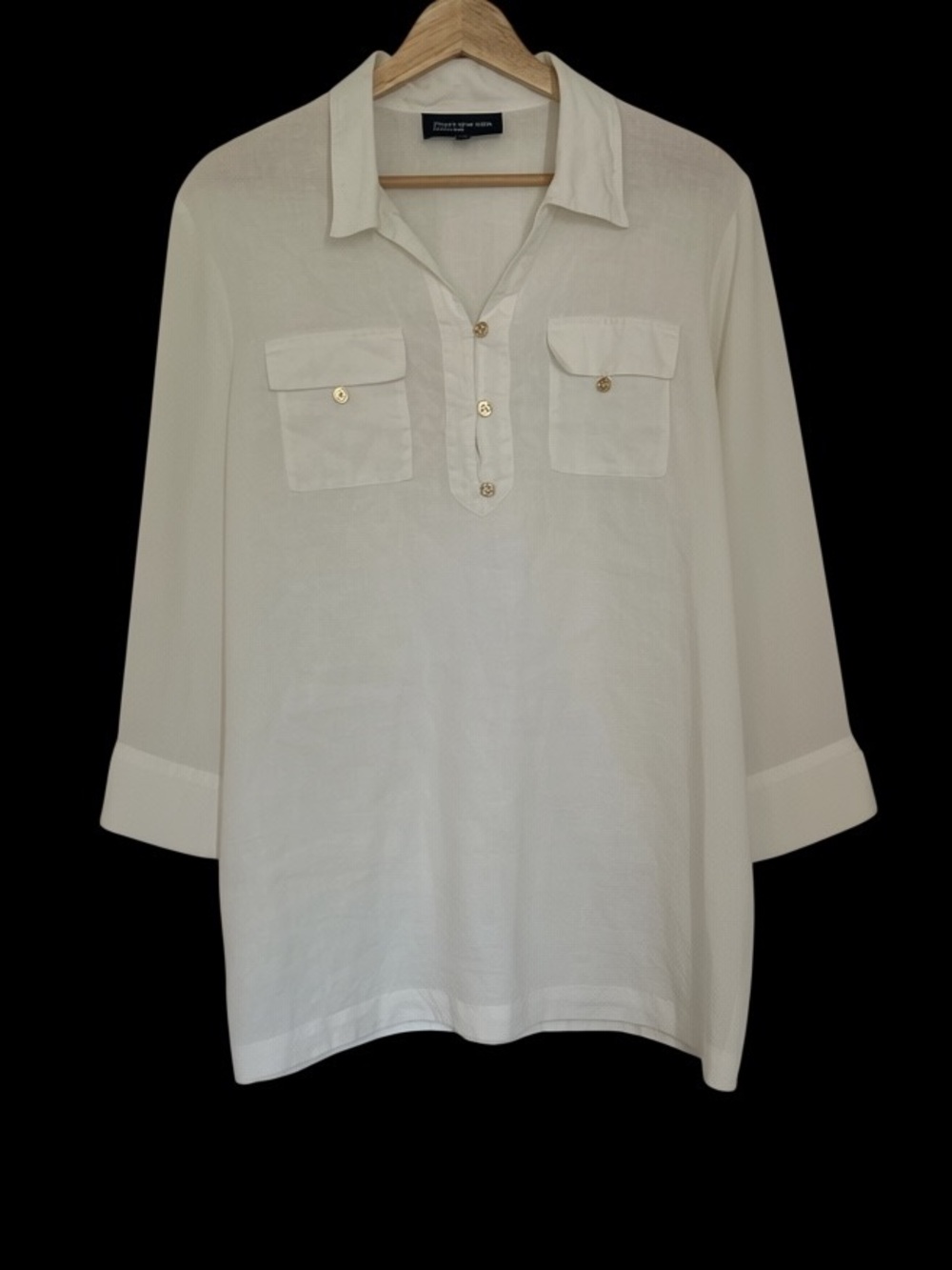 Linen White Popover Blouse Tunic By Jones New York 3/4 Sleeves V Neck Size Large